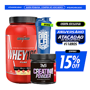 COMBO WHEY 100% PURE INTEGRALMEDICA 907g + CREATINA 3VS 150g + BRINDE EXCLUSIVO