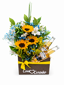 Arranjo Envelope de Girassóis Com Cerveja Corona