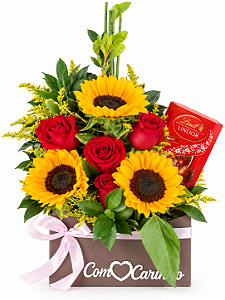 Envelope de Rosas e Girassois com Chocolates Lindth 75 Gramas