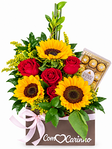 Envelope de Rosas e Girassois com Chocolate