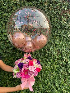 Luxuoso Box Mix de Flores Nobres com Balão Bubble