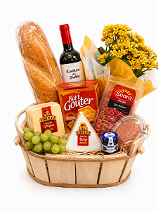 Cesta Luxuosa Gastronômica de Queijos, Vinho e Flores
