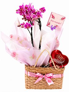 Sacolinha De Palha com Mini Orquídea e Chocolate Lindt Heart