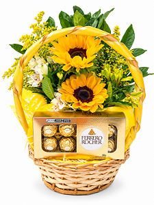 Cesta de Girassóis e Chocolate Ferrero Rocher