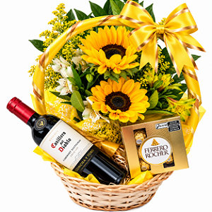 Cesta de Girassóis com Vinho & Chocolate