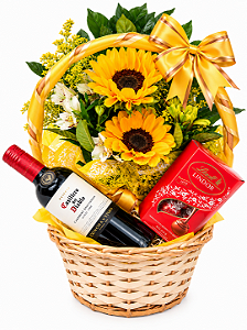 Radiante cesta de Girrasóis com Vinho & Lindt lindor
