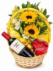 Resplandecente Cesta de Girassol com Vinho & Chocolate