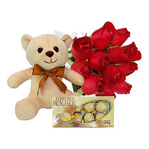 Kit Buquê de 12 Rosas Vermelhas Com Pelucia e Chocolate