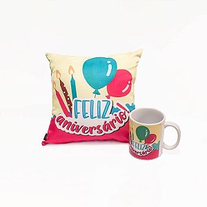 Kit Almofada com Caneca "Feliz Aniversário!"