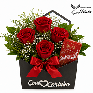 🌹 Envelope Elegance – 4 Rosas Vermelhas com Lindt 100G
