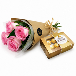 Mini Buquê de Rosas Cor - de - Rosa e Chocolate