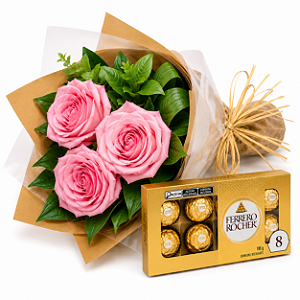 Mini Buquê de Rosas Cor de Rosa e Ferrero Rocher