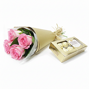 Mini Buquê de Rosas Cor - de - Rosa e Chocolate