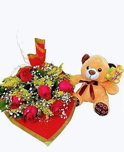 Buquê de Amor: 6 Rosas Vermelhas com Urso de Pelúcia"