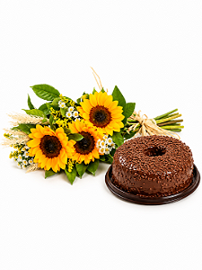 Ramalhete Trio de Girassóis & Bolo de Chocolate