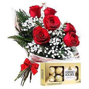 Buquê de 6 Rosas Vermelhas e Chocolate Ferrero Rocher 100G