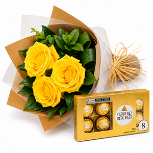 Mini Buquê de Rosas Amarelas e Chocolate Ferrero Rocher