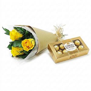 Mini Buquê de Rosas Amarelas e Chocolate Ferrero Rocher