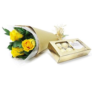 Mini Buquê de Rosas Amarelas e Chocolate Ferrero Rocher