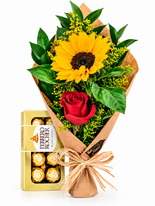 Ramalhete Dueto de Rosas e Girassol Com Chocolate