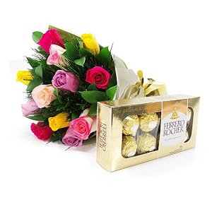 Buquê de 12 Rosas Coloridas com Ferrero Rocher
