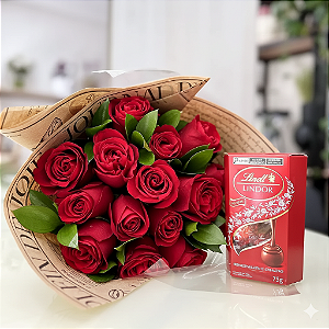 Buquê de 12 Rosas Vermelhas Com Chocolate Lindt 75g