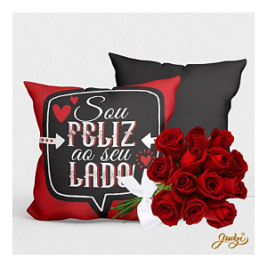 Almofada "Sou feliz ao seu lado" + Buquê 12 Rosas