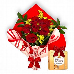 Buquê de 06 Rosas Vermelhas Com Ferrero Rocher