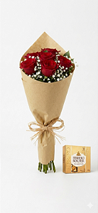 Buquê de 06 Rosas Vermelhas Com Ferrero Rocher