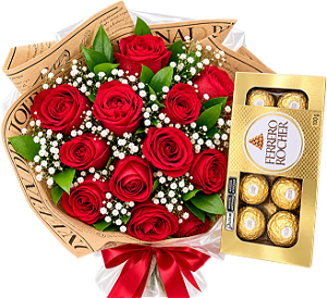 Buquê de 12 Rosas Vermelhas & Ferrero Rocher