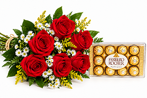 Buquê de 06 Rosas Vermelhas com Ferrero Rocher