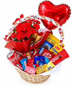 Cesta de Flores & Chocolates Com Balão Metalizado
