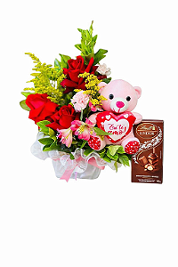 Arranjo de Rosas com Pelúcia e Barra de Chocolate Lindt Avelã