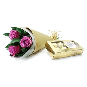 Doce Encanto Lilás – Trio de Rosas com Ferrero Rocher