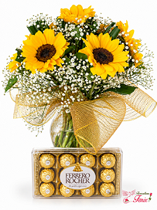 Arranjo Luxuoso de Girassóis com Ferrero Rocher 150g