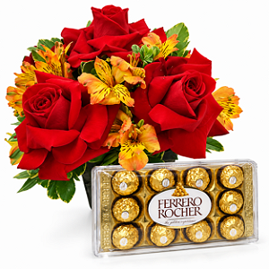Arranjo de Rosas Premium e Astromelias com Ferrero Roche 150 gramas