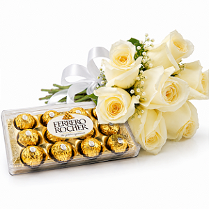 Buquê de 7 Rosas Brancas com Ferrero Rocher