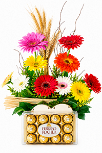 Arranjo de Gerberas Coloridas & Ferrero Rocher 150g