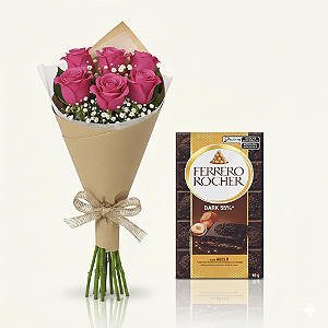 Combo Intenso Rosa: 6 Rosas Cor de Rosa & Ferrero Rocher Dark 55%