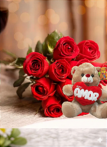 Combo Paixão Infinita: 12 Rosas & Urso "Meu Amor"