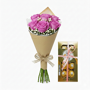 Buquê Encanto de 06 Rosas Lilás com Ferrero 100G