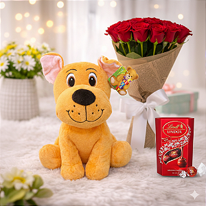 Combo Premium: Pelúcia Fizzy + Buquê 12 Rosas + Chocolate Lindt