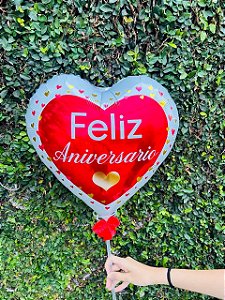 Balão Metalizado de Coração Feliz Aniversário