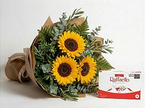 Buquê Trio de Girassóis + Rafaello 90g