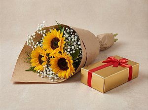 Buquê Trio de Girassóis + Caixa de Bombons