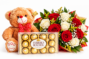 Arranjo Mix de Rosas com Pelúcia & Ferrero Rocher 150g