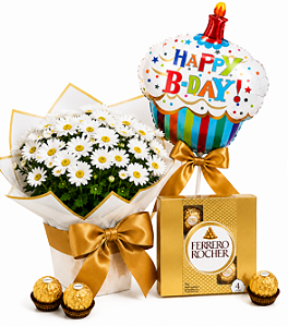 Kit Margarida Branca com Balão e Ferrero Rocher