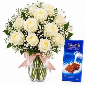 Buquê Elegância de Rosas Brancas com Lindt Milk