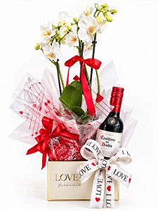 Kit Mini Orquídea Branca, Vinho & Chocolate