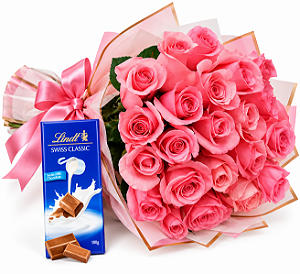 Buquê de 24 Rosas Cor Rosa Com Chcolate Lindt Swiss Classic Barra 100g